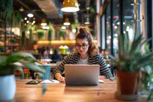 © Alexey - Adobe Stock.com Frau arbeitet auf Laptop in Raum mit vielen Pflanzen